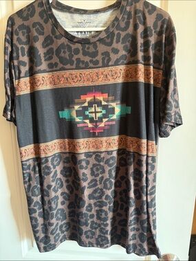 Crazy Train Brown Leopard Tee with Aztec Center Graphic